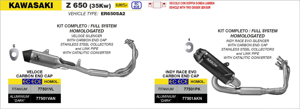 Arrow Homologated Full System with Indy Race EVO Titanium Slip On - Kawasaki Z650/Z650S