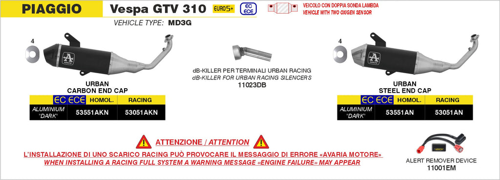 Arrow Racing Full System with Urban Aluminium "Dark" Slip On with Carbon End Cap - Vespa GTS 310