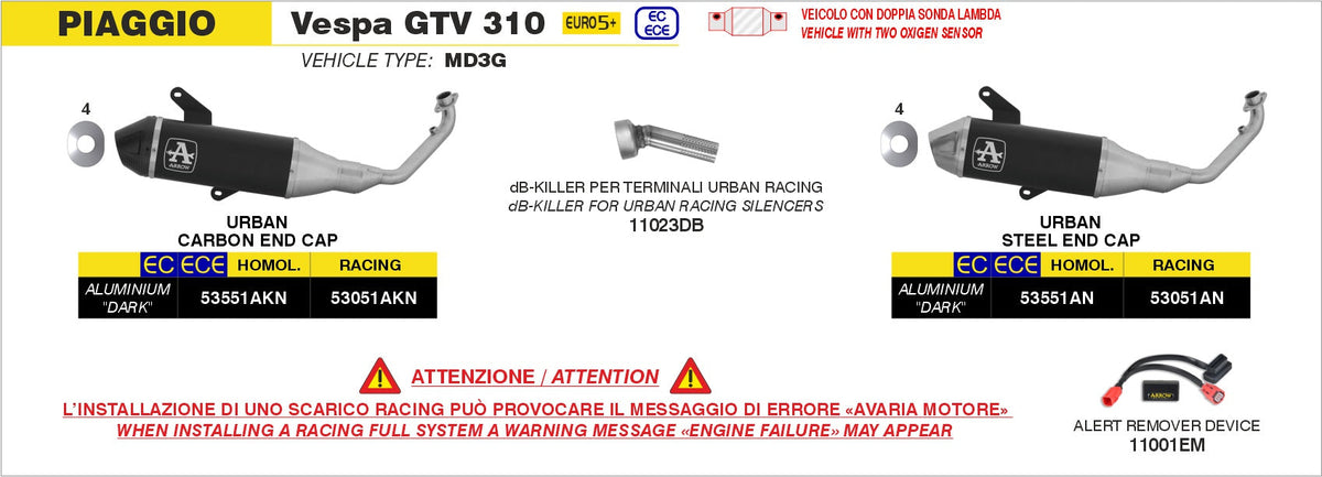 Arrow Racing Full System with Urban Aluminium "Dark" Slip On with Carbon End Cap - Vespa GTS 310