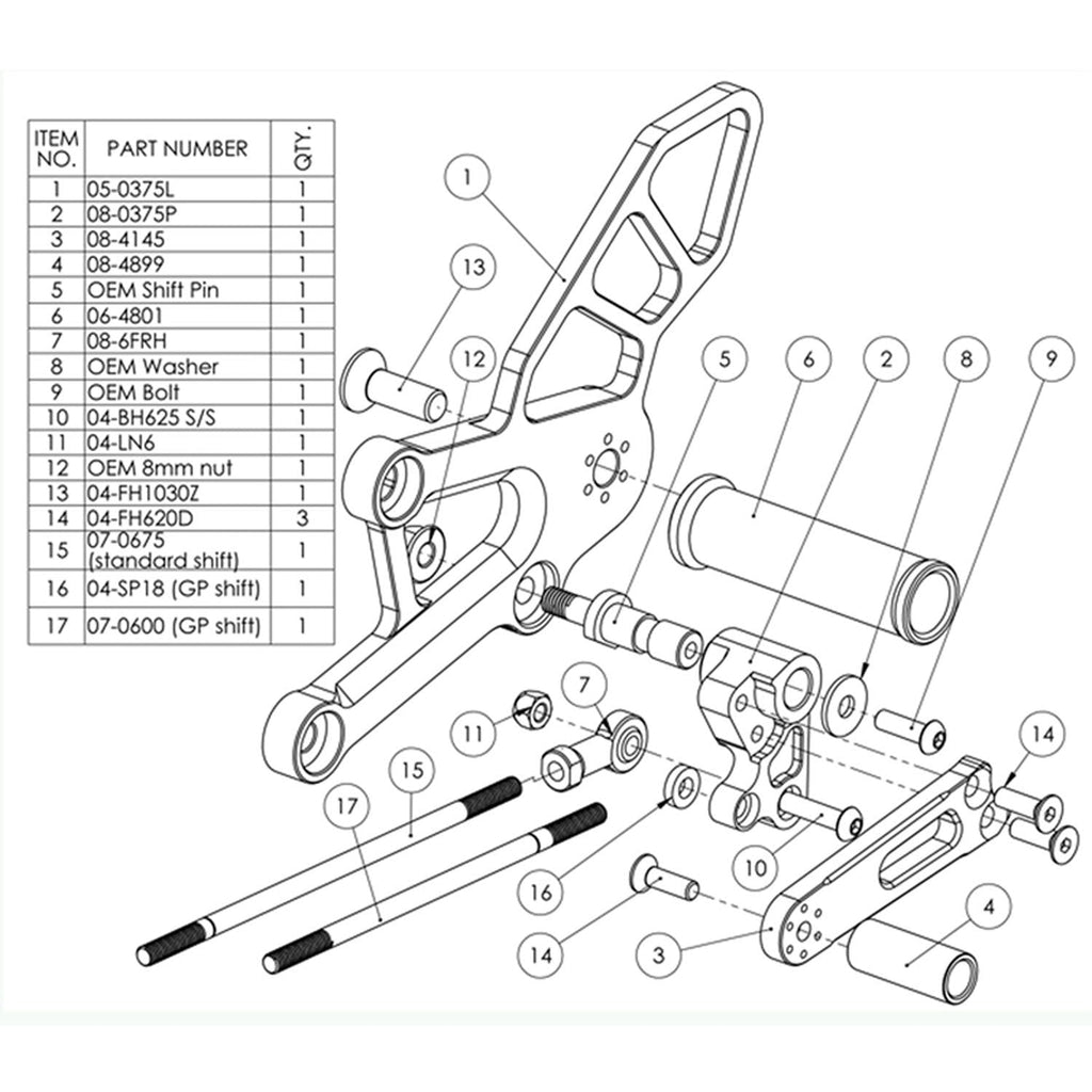 Woodcraft Honda CBR250R/300R Complete Adjustable Rearset - GP Shift