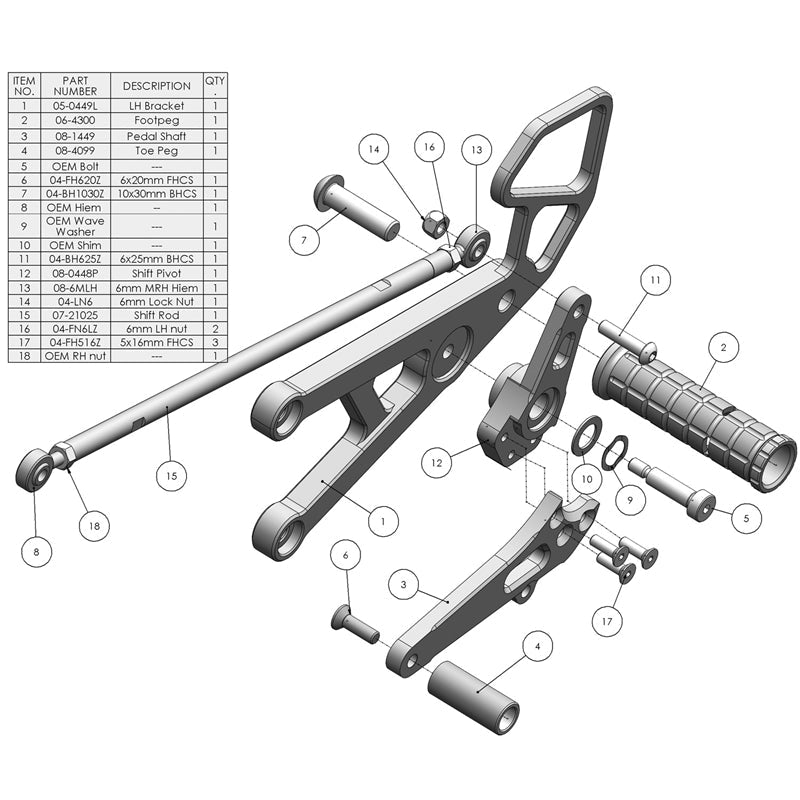 Woodcraft 2006-16 Yamaha R6 Rearset - STD Shift