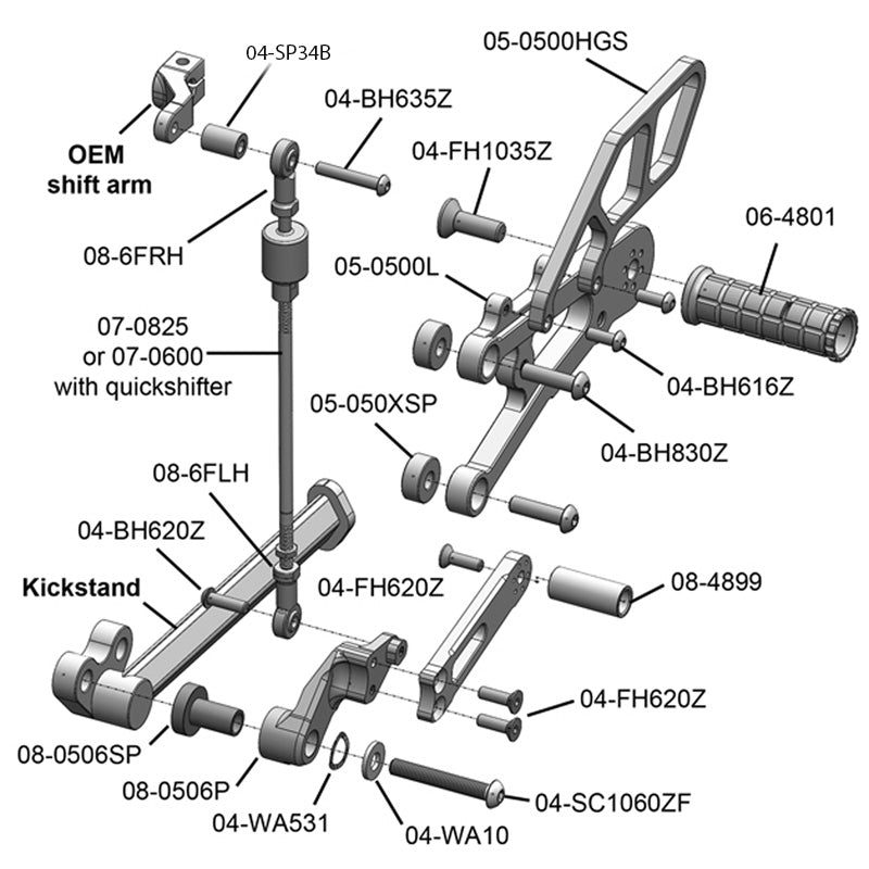 Woodcraft Triumph Street Triple Rearset Kit, GP Shift W/O QS - Complete W/Shift and Brake Pedals