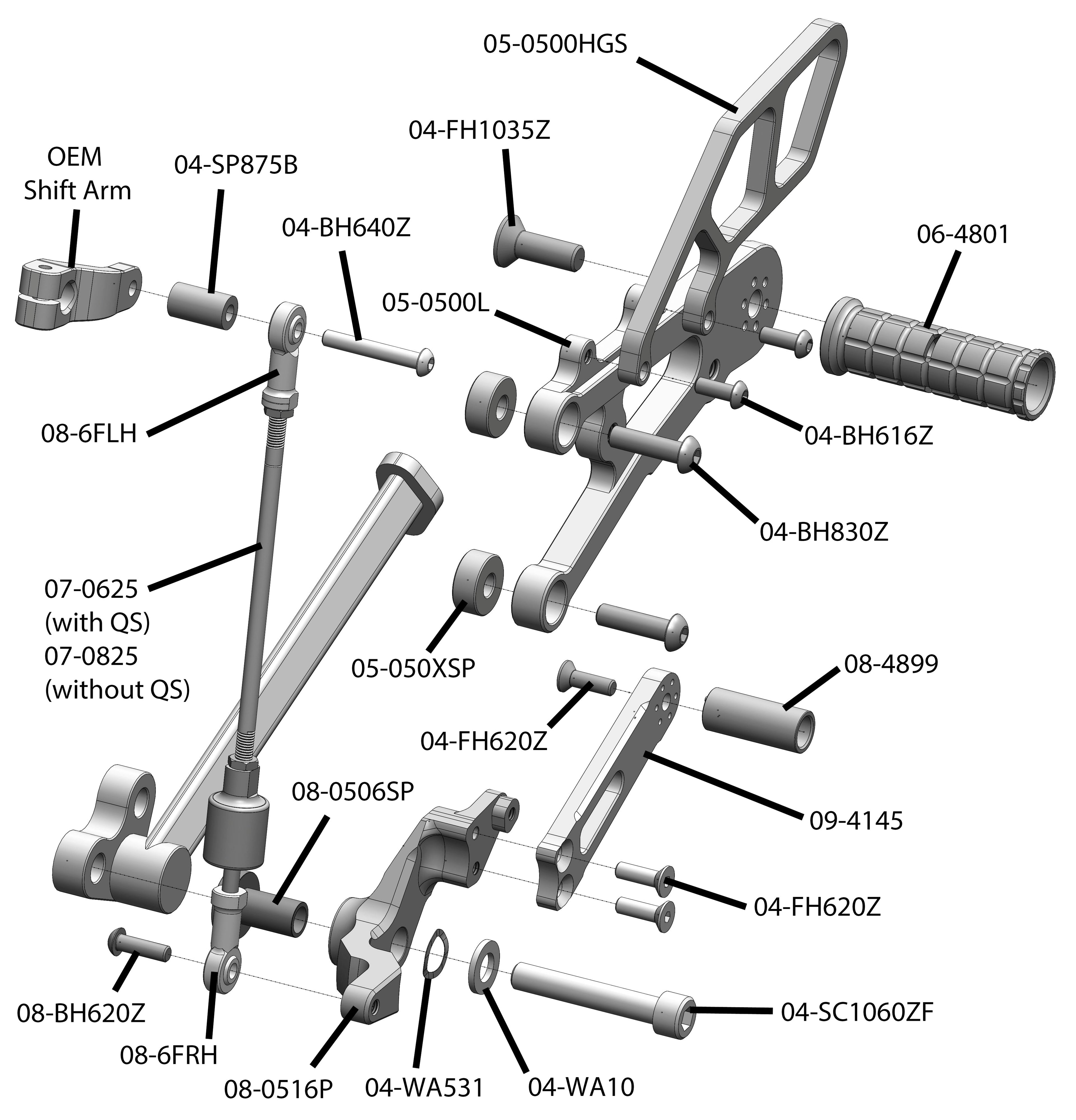 Woodcraft Triumph 765 Street Triple Complete Rearset Kit w/ Pedals - GP Shift w/ Aftermarket Push QS