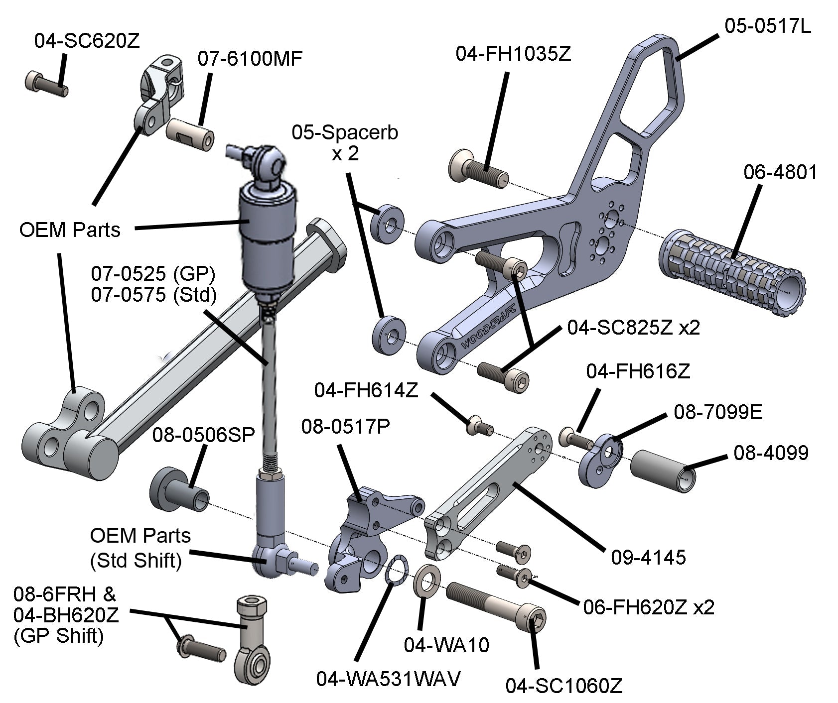 Woodcraft Triumph 765 Street Triple STD Shift Rearset with Sprocket Cover