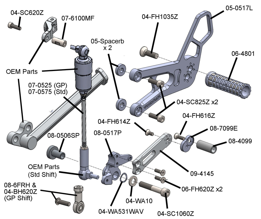 Woodcraft Triumph 765 Street Triple GP Shift Rearset with Sprocket Cover