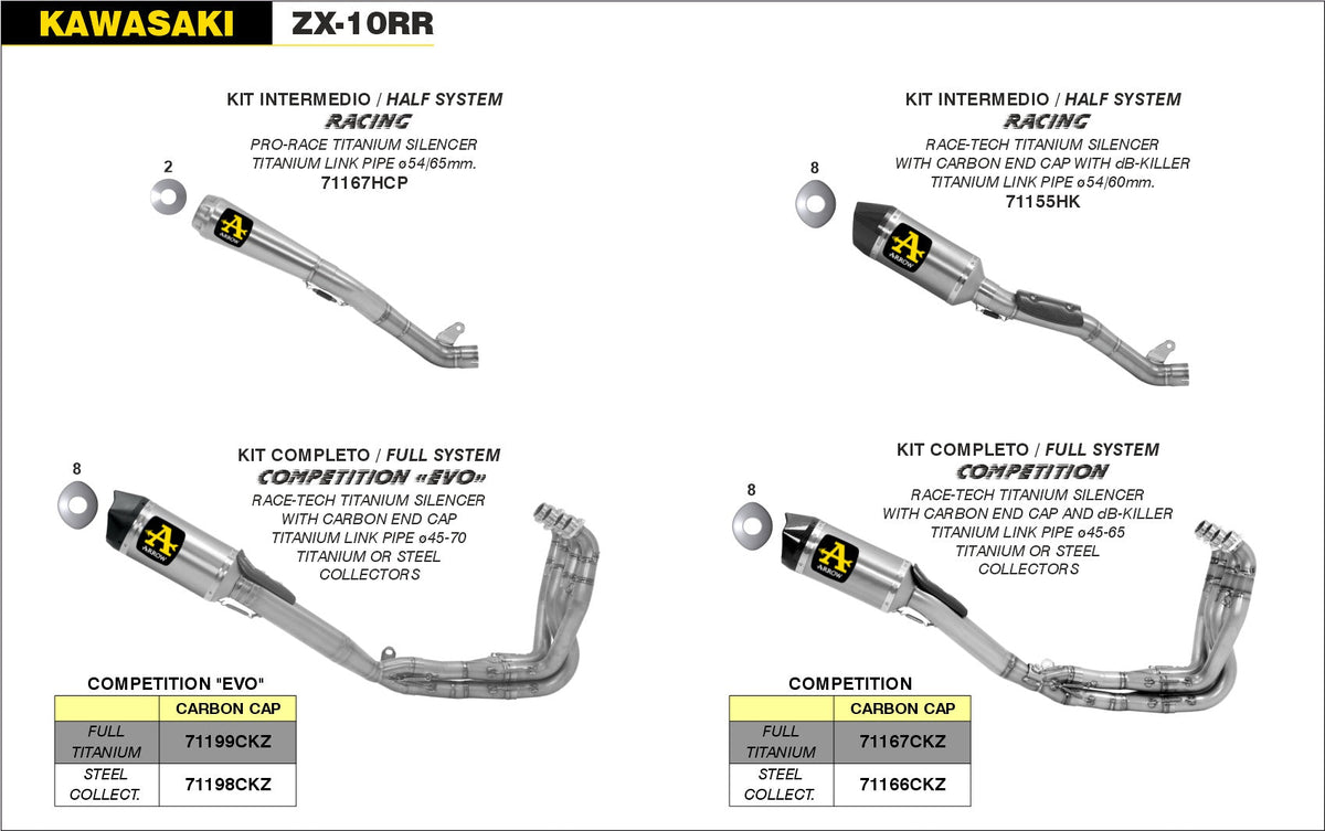 Arrow Half System Racing - Pro-Race Titanium Slip On + Titanium Link Pipe Ø65mm. - Kawasaki ZX1000 Ninja ZX-10R/ZX1000 Ninja ZX-10RR