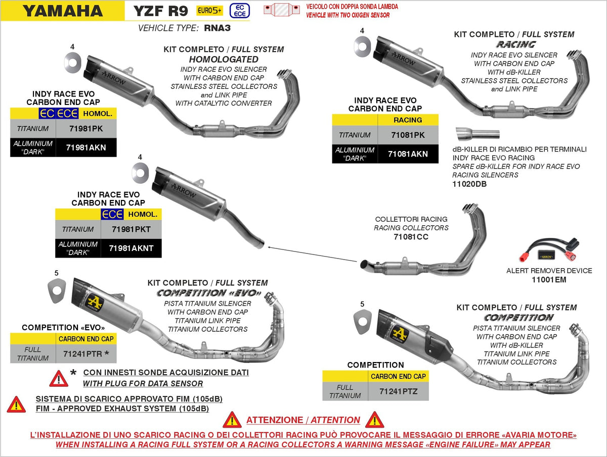 Arrow Homologated Full System with Indy Race EVO Titanium Slip On - Yamaha YZF-R9
