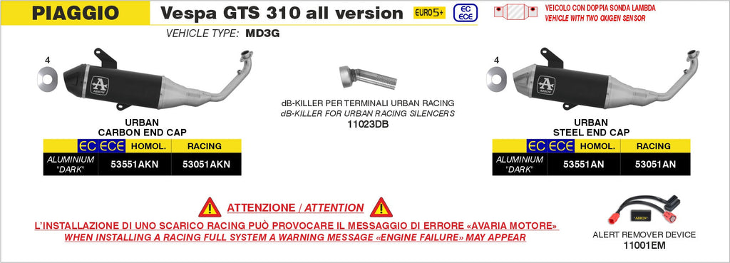 Arrow Homologated Full System with Urban Aluminium "Dark" Slip On with Carbon End Cap - Vespa GTS 310