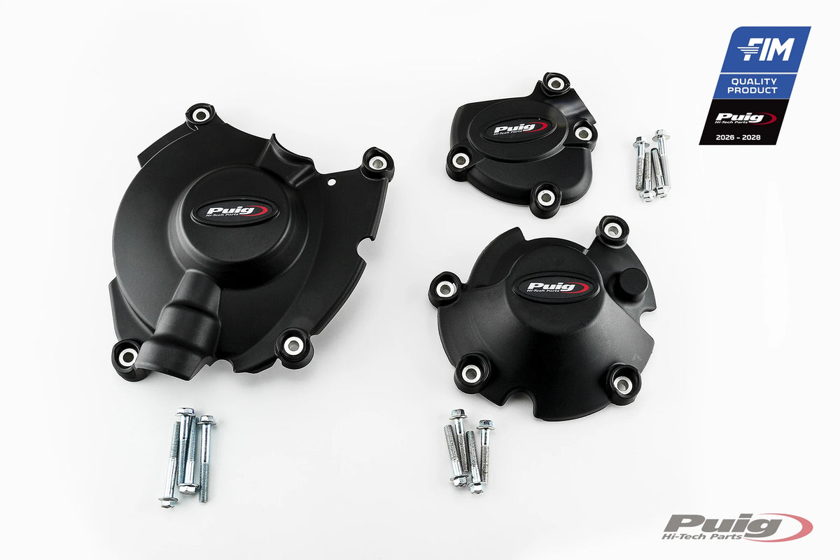 Puig Track Engine Covers kit contents - Yamaha YZF-R1 - all 3 covers and hardware