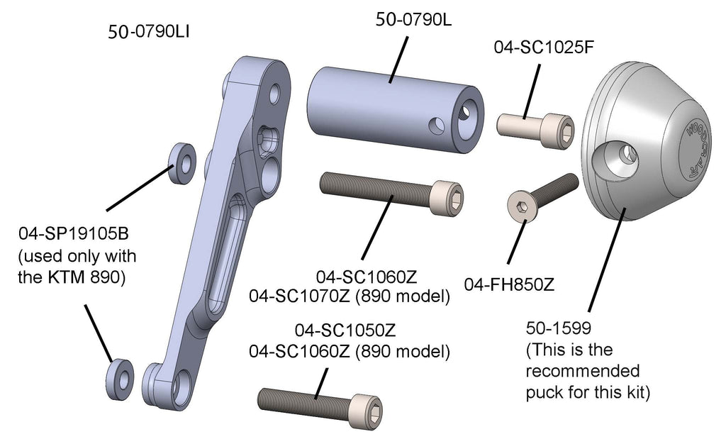 Woodcraft KTM Duke 790, Duke 890 Frame Slider Kit w/ pucks