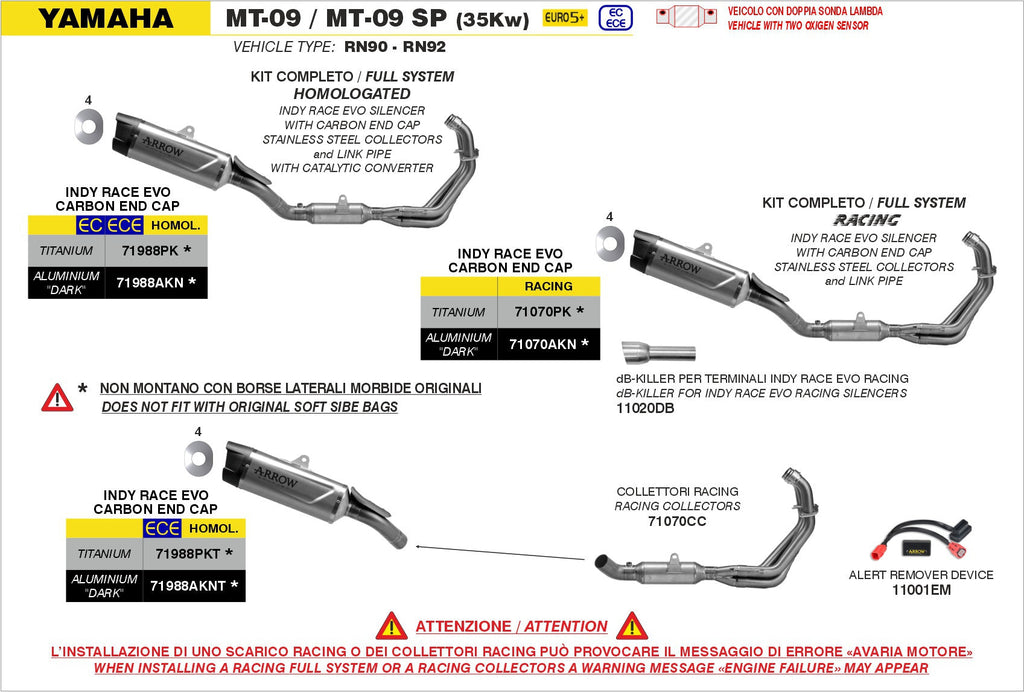 Arrow Full System Racing with Indy Race EVO Titanium Slip Ons - Yamaha MT-09 / 09 SP/FZ-09 [EU MT-09]