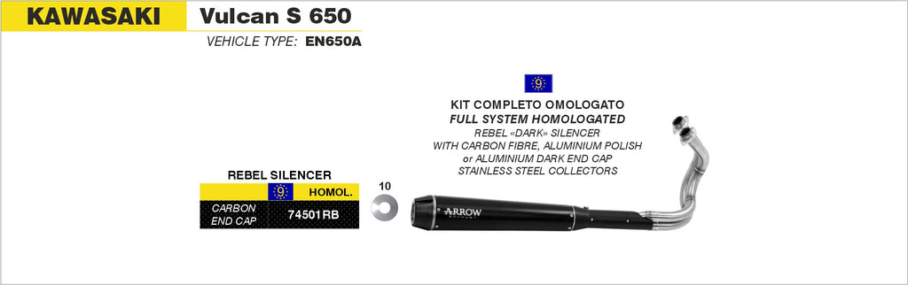 Arrow Full System Rebel with Carbon Fiber Rear End Cap - Kawasaki EN650 Vulcan S/EN650 Vulcan S ABS