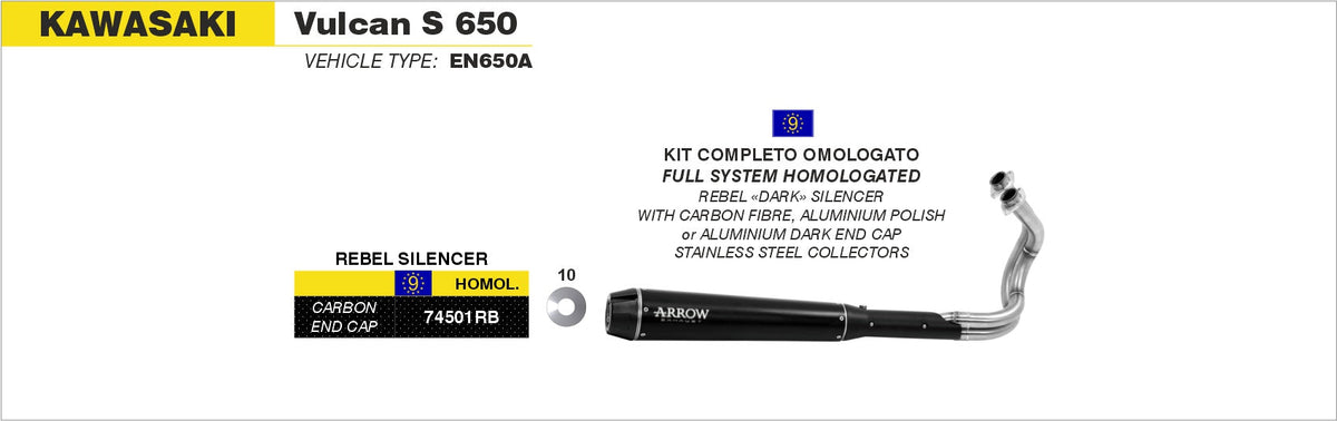 Arrow Full System Rebel with Carbon Fiber Rear End Cap - Kawasaki EN650 Vulcan S/EN650 Vulcan S ABS