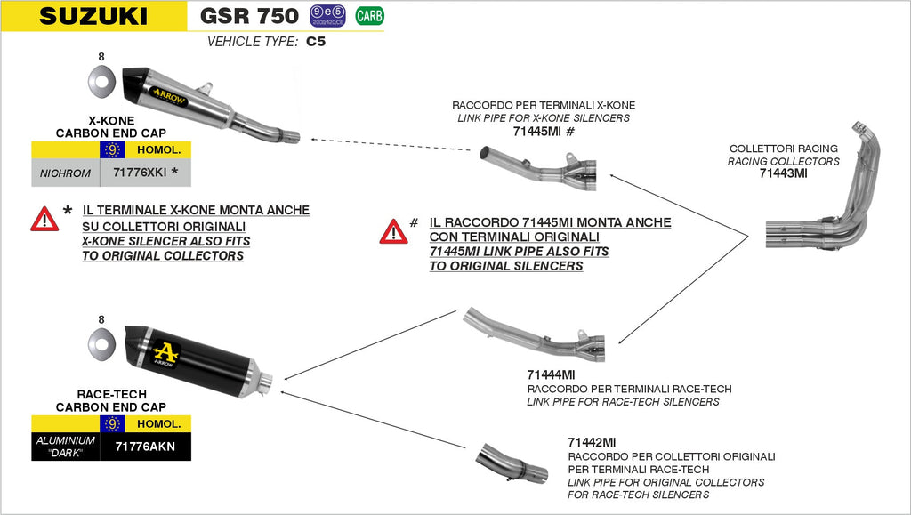 Arrow Mid-Pipe for Pro-Racing and Original Slip On for Arrow Headers - Suzuki GSX-S750/GSX-S750 ABS