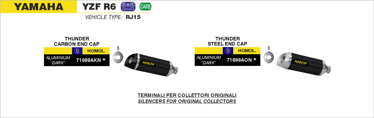 Arrow Street Thunder Aluminium "Dark" Slip On with Carbon End Capfor Original Headers - Yamaha YZF-R6