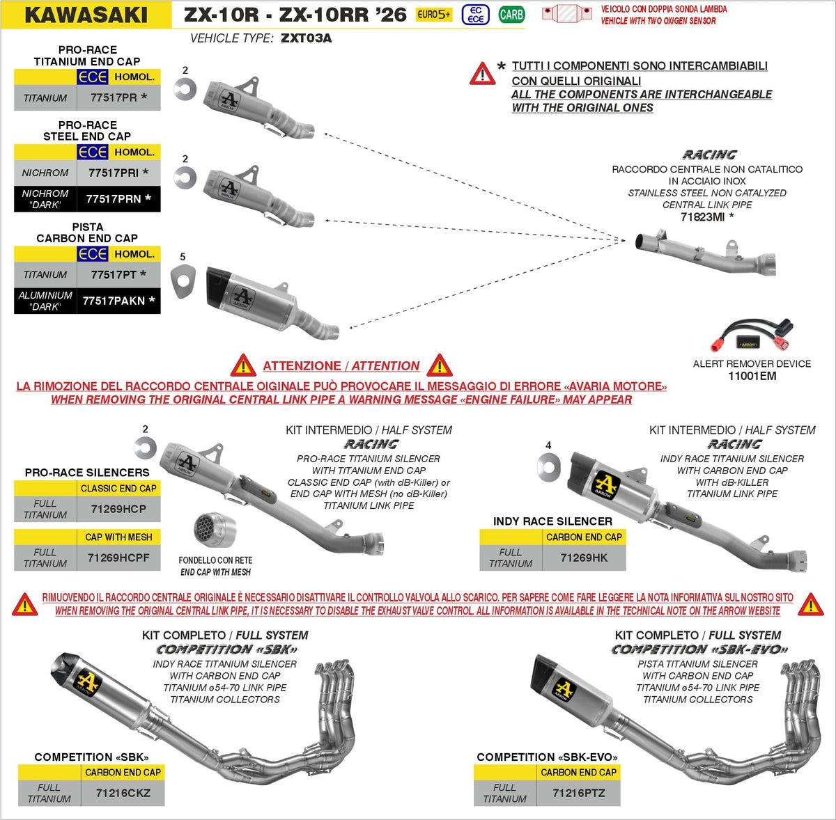 Arrow Half System Racing - Indy Race Titanium Slip On + Titanium Link Pipe - Kawasaki ZX1000 Ninja ZX-10R/ZX1000 Ninja ZX-10RR