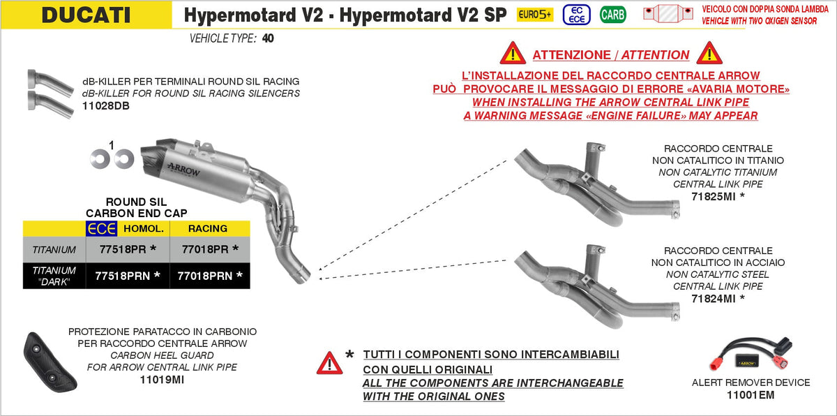 Arrow Non Catalized Stainless Steel Link-Pipe - Ducati Hypermotard