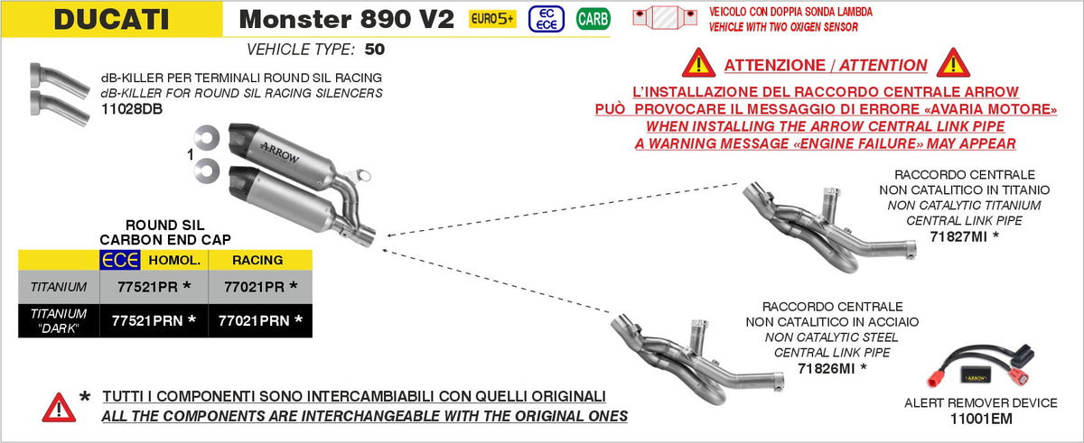Arrow Non Catalized Stainless Steel Link-Pipe - Ducati Monster