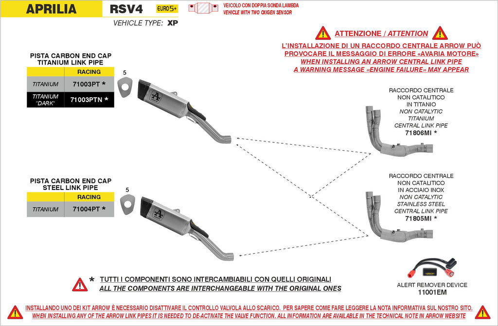 Arrow Non Catalized Stainless Steel Link-Pipe - Aprilia RSV4 1100/Tuono V4 1100