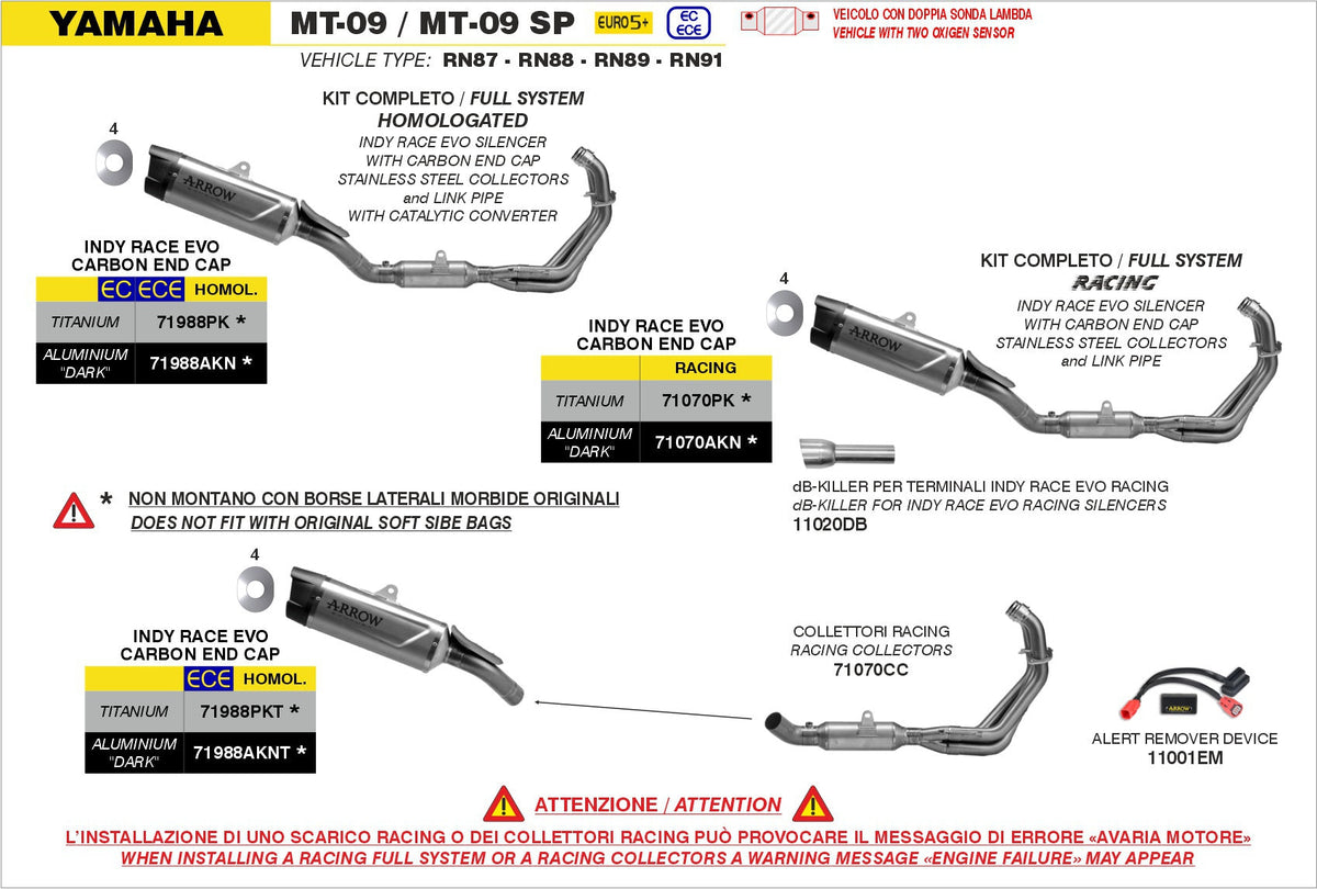 Arrow Full System Racing with Indy Race EVO Aluminium "Dark" Slip Ons - Yamaha MT-09 / 09 SP/FZ-09 [EU MT-09]