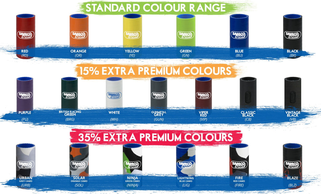 Samco Sport silicone hose colour range and premium colour pricing
